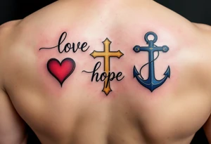 Fine-line black cursive love faith hope sitting above three matching symbols: a crimson heart, golden cross, and deep blue anchor. tattoo idea