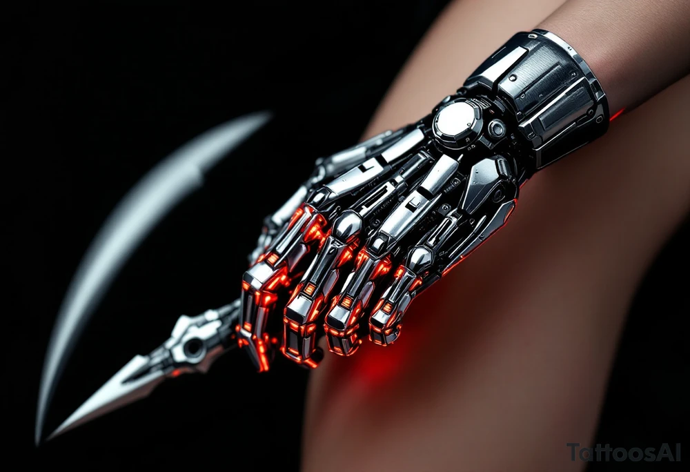 A chrome-plated robotic hand clutching a gleaming silver scythe with glowing red circuitry running up its fingers. tattoo idea