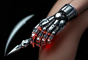 A chrome-plated robotic hand clutching a gleaming silver scythe with glowing red circuitry running up its fingers. tattoo idea