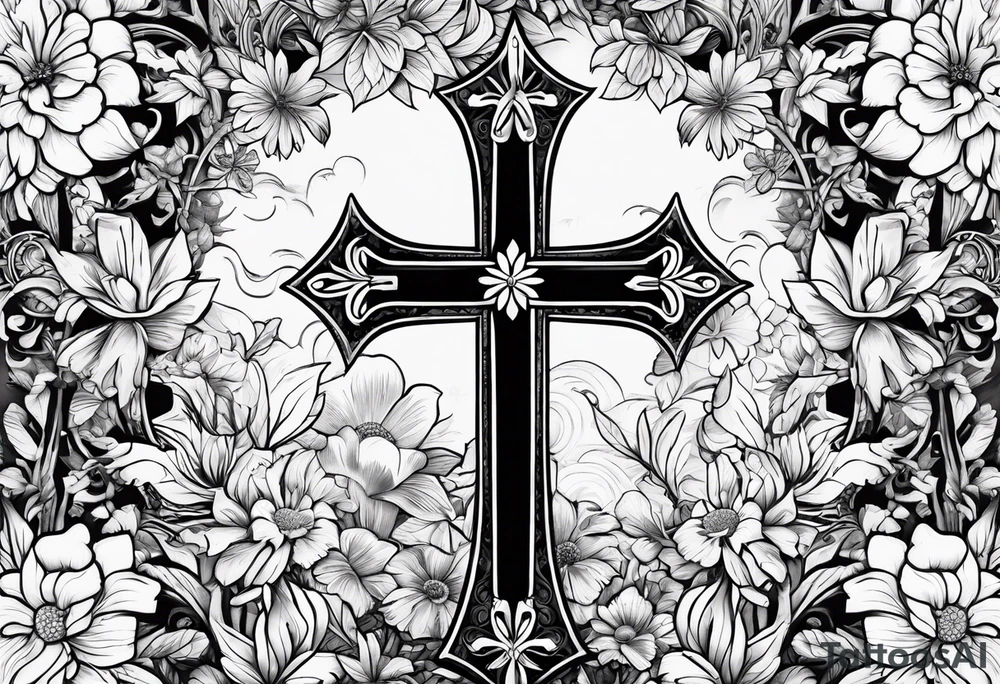 A wood cross with flowers surrounding it tattoo idea A wood cross with flowers surrounding it tattoo idea