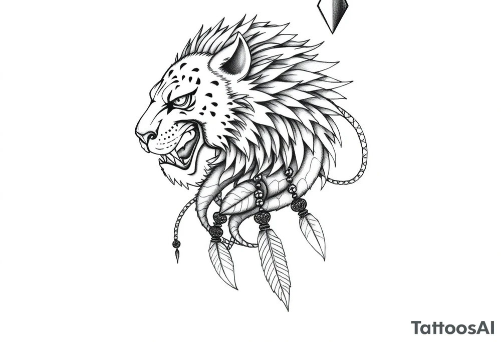 Tribal lion right shoulder to wrap into a sleeve til middle bicep and then a dragon for 2000 Chinese culture to go from side boob to butt maybe middle butt then dream catchers from the end of the dragon to the mid thigh. This needs to be punk girl pin up style female tattoo. Body sleeve. Make it look like the baddest bitch Alive. tattoo idea