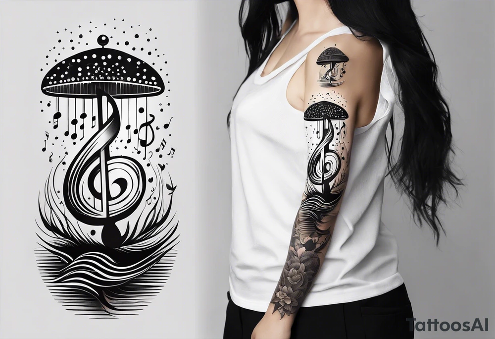 simple icons down the back of the arm featuring four icons:

1. a music note on a staff
2. a wave of water
3. a pocket
4. mushroom tattoo idea