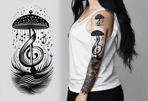 simple icons down the back of the arm featuring four icons:

1. a music note on a staff
2. a wave of water
3. a pocket
4. mushroom tattoo idea