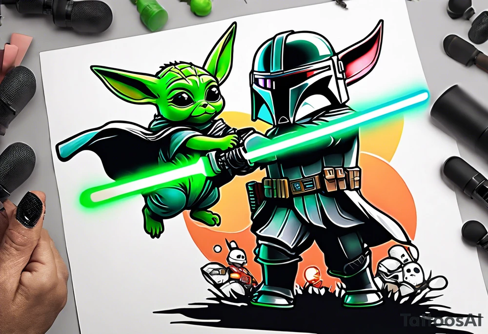 Baby grogu fighting Darth Vader while wearing mandalorian armor wielding a green lightsaber tattoo idea