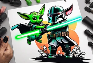 Baby grogu fighting Darth Vader while wearing mandalorian armor wielding a green lightsaber tattoo idea