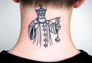Russian orthodox priest in a detailed vestment swinging censer chains tattoo idea