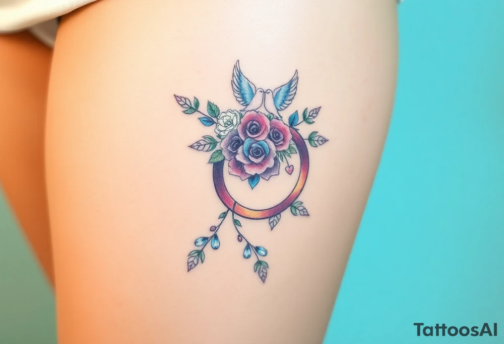 wedding ring with wedding bouquet, doves, hearts tattoo tattoo idea