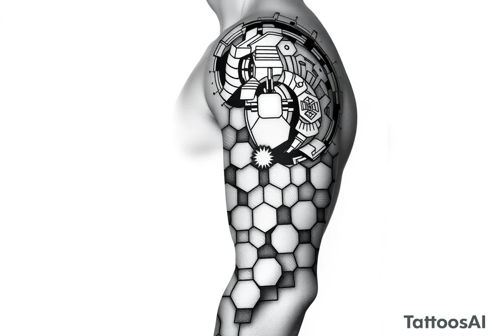design a full “sleeve” tattoo that consists of a base layer of abstract hexagon pattern overlaid with a little blackwork abstract while incorporating the top tattoo and integrating slight biomech designs tattoo idea
