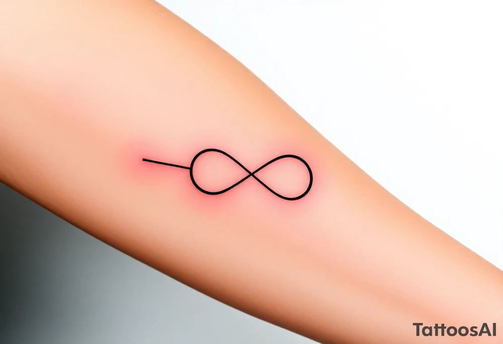 Quero uma tatuagem no antebraço, simples e elegante. O design deve começar com a data de nascimento do meu avô escrita em vermelho, seguida de um símbolo de infinito em branco, com uma leve sombra ao redor para destacá-lo. O símbolo de infinito deve continuar numa linha reta, como se fosse um infinito sem fim. A linha deve ser discreta e uniforme, mantendo um estilo minimalista. tattoo idea