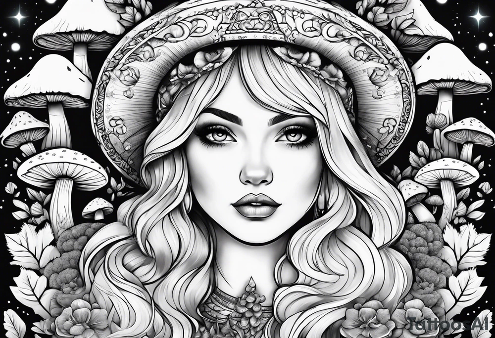 Blonde chubby Girl surrounded by mushrooms crescent moon background tattoo idea