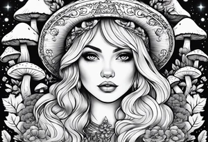 Blonde chubby Girl surrounded by mushrooms crescent moon background tattoo idea