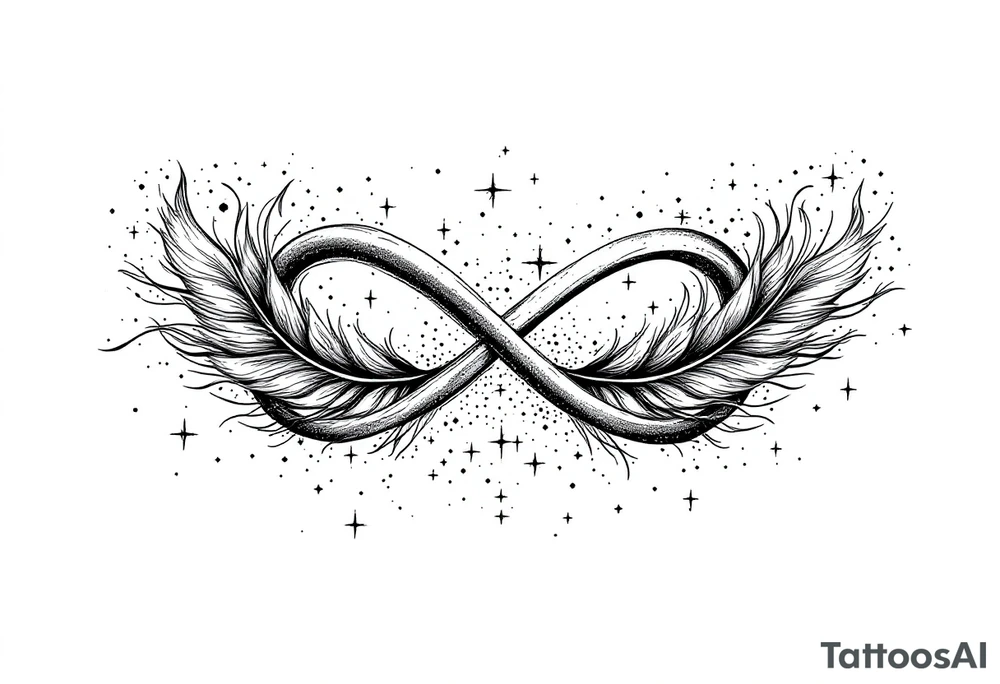 infinity symbol woven with floating feathers and stardust tattoo idea