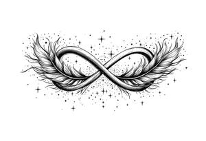 infinity symbol woven with floating feathers and stardust tattoo idea