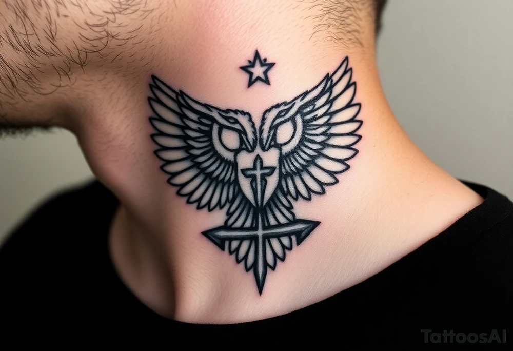 Double-headed eagle outline only (no shading) — suits neck skin which ages differently
Star above, small orthodox cross below tattoo idea