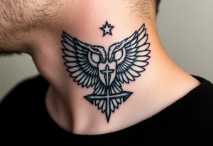 Double-headed eagle outline only (no shading) — suits neck skin which ages differently
Star above, small orthodox cross below tattoo idea