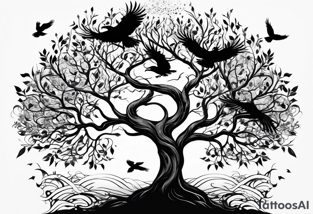 Tree of life with water, ravens, tattoo idea