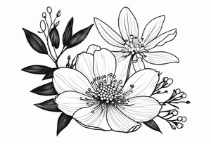 cosmos flower, cherry blossoms, rowan tree berries and flowers, lily of the valley tattoo idea