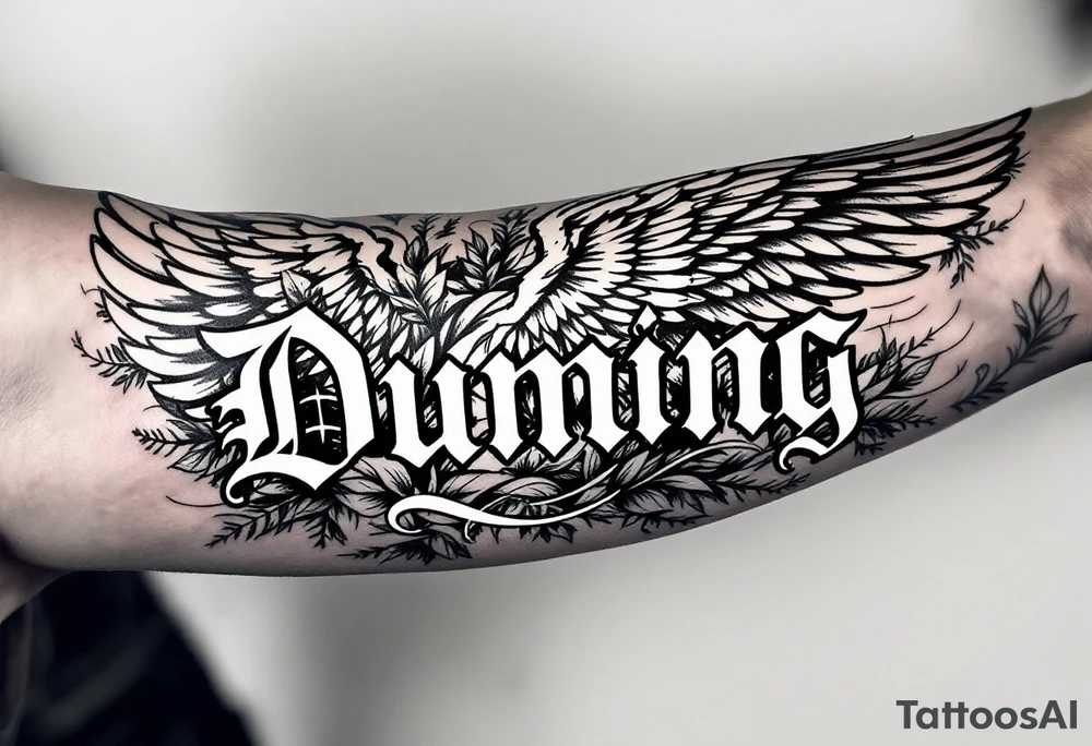 Dunning, left forearm details include angel wing, greek type of font,jungle leaves, name in white color tattoo idea