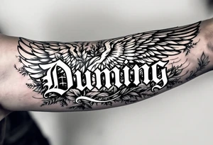 Dunning, left forearm details include angel wing, greek type of font,jungle leaves, name in white color tattoo idea