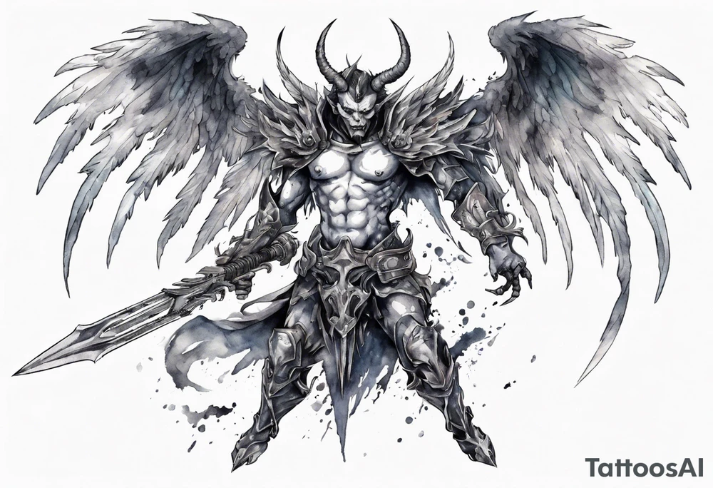 A demon angel wearing inorganic armor that is in mid-air with his weapon behind about to attack. tattoo idea