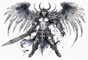 A demon angel wearing inorganic armor that is in mid-air with his weapon behind about to attack. tattoo idea
