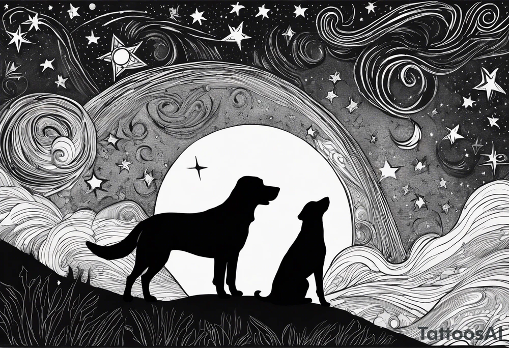 A silhouette of a labrador retriever, a german shephard, a beagle, and an adult human male, looking up at a night sky in the style of Van Gogh Starry Night. Must be narrow and tall to fit on an upper arm. tattoo idea