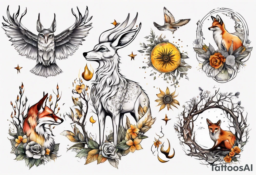 wasser, sonne, mond, fuchs, eule kolibri, wald, hirsch, blume des lebens, 
baum, berlin tattoo idea
