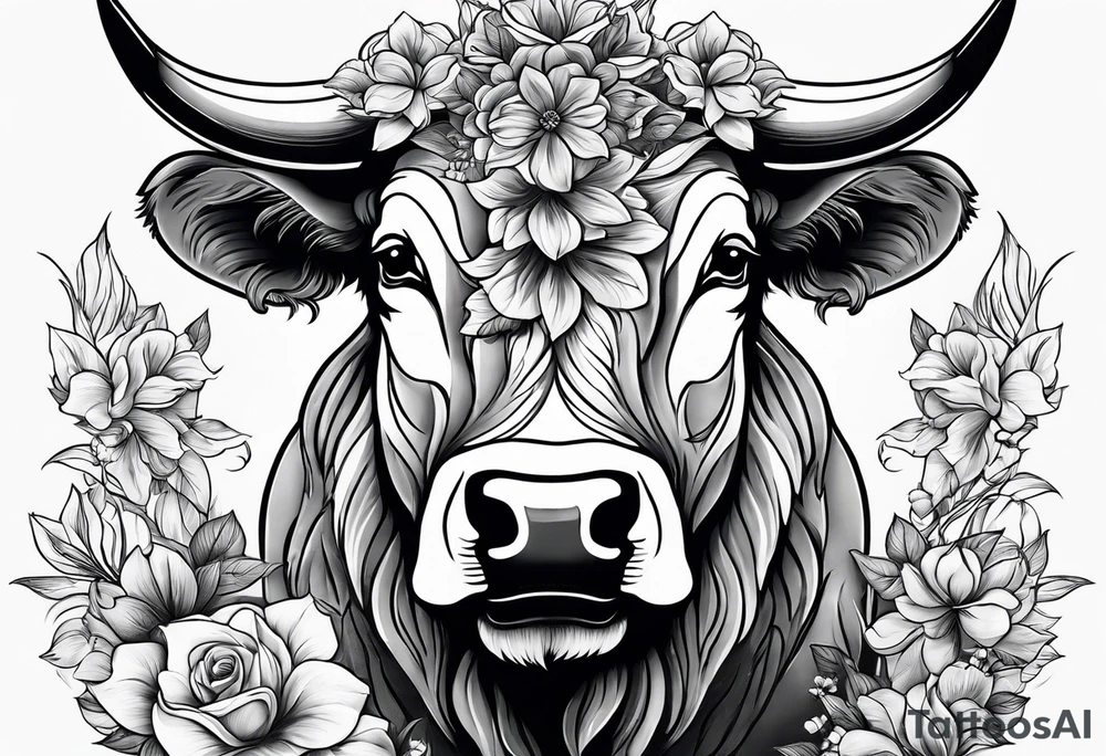 bull with flowers tattoo idea