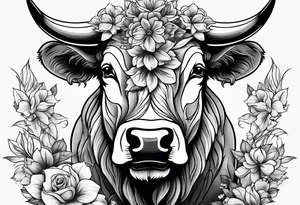 bull with flowers tattoo idea