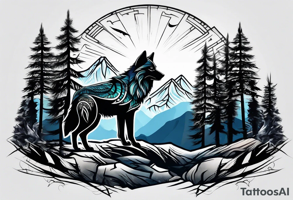 Mountains
Wolf
Forest
Tribal tattoo idea