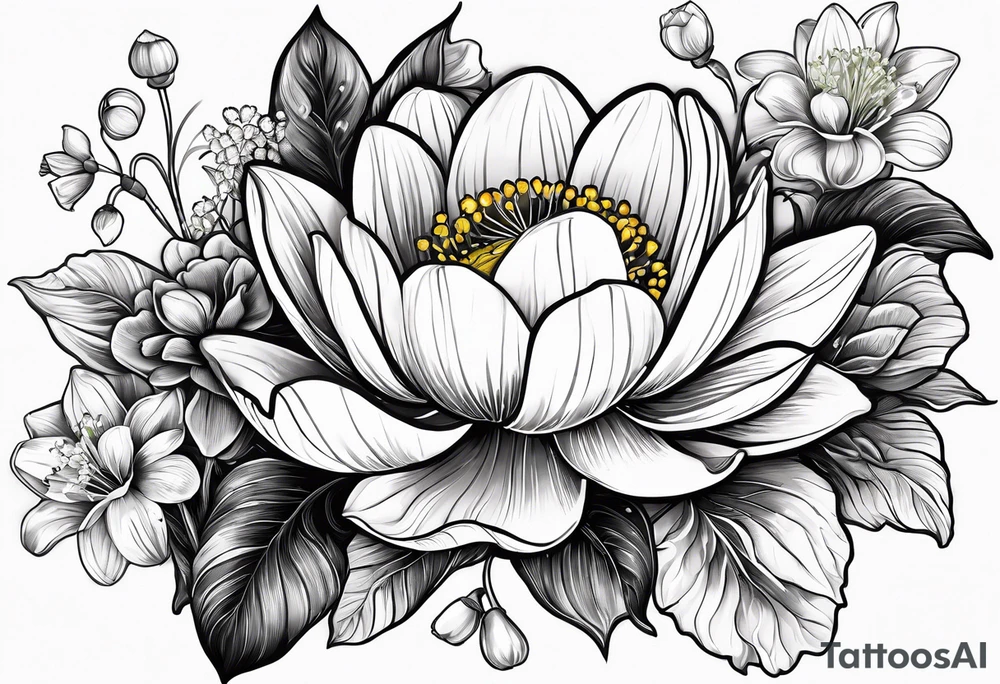 Poppy, water lily, Lily of the valley, daffodil, cosmo, flower bouquet, portrait style tattoo idea