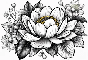 Poppy, water lily, Lily of the valley, daffodil, cosmo, flower bouquet, portrait style tattoo idea
