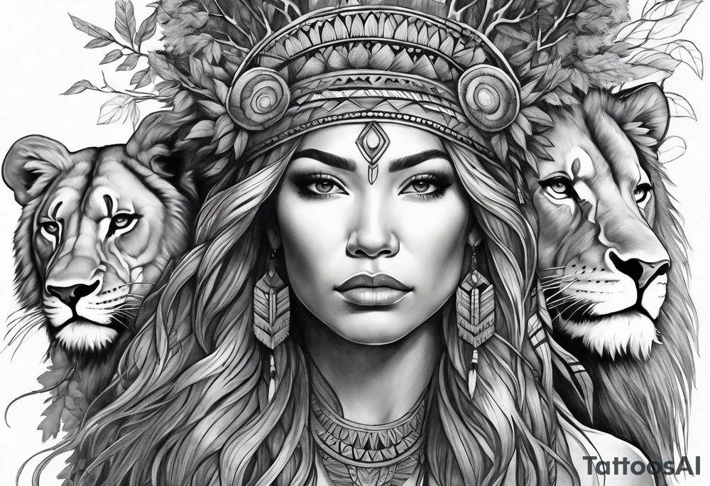 Native american Forest goddess looking down side profile  tree branches forming into her face male lions head facing her as to protect her middle arm sleeve tattoo idea