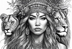 Native american Forest goddess looking down side profile  tree branches forming into her face male lions head facing her as to protect her middle arm sleeve tattoo idea