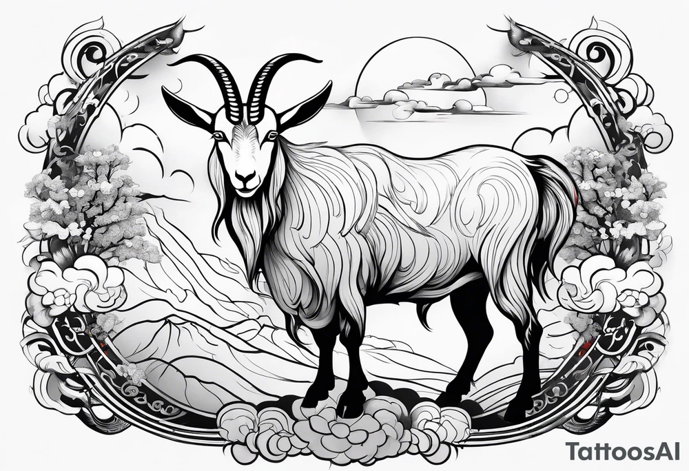 full body goat with clouds in japanese style tattoo idea