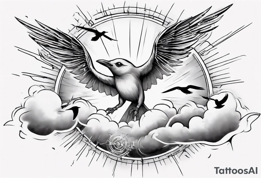 a shoulder tattoo with rays of light, clouds and birds flying free tattoo idea