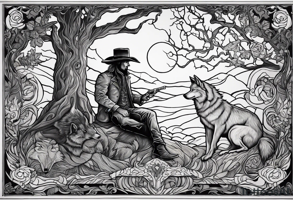 ghostly cowboy sitting in front of a fire with the tree of life behind him and a wolf and a raven tattoo idea