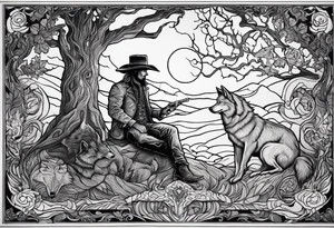 ghostly cowboy sitting in front of a fire with the tree of life behind him and a wolf and a raven tattoo idea
