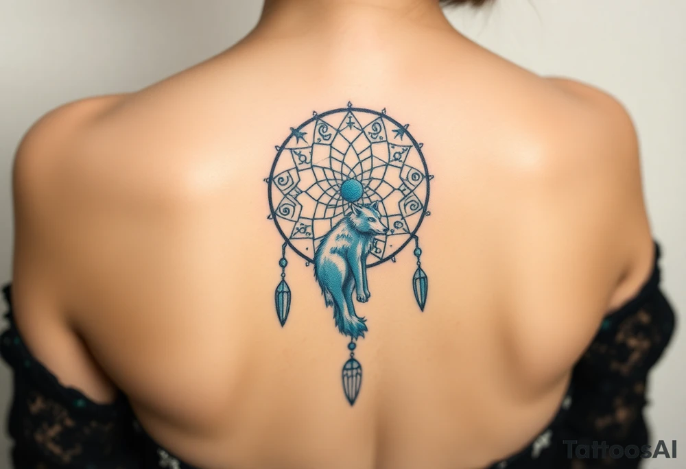 Dreamcatcher with zodiac symbols and protection runes caught in it with wolf teal tattoo idea