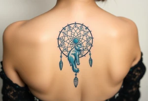 Dreamcatcher with zodiac symbols and protection runes caught in it with wolf teal tattoo idea