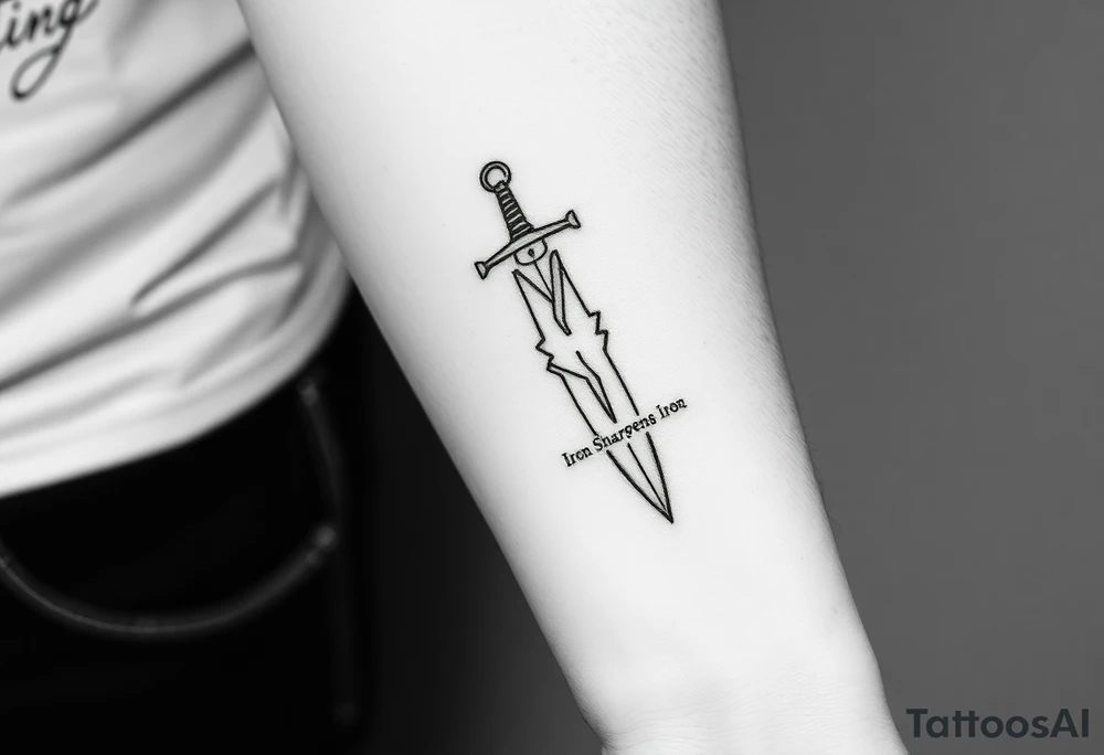 Black and white tattoo sketch of a sword cracked in the middle but reforged with glowing seams. The words “Iron Sharpens Iron” etched into the hilt. Bold lines, no shading, forearm tattoo. tattoo idea