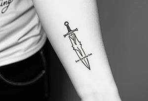 Black and white tattoo sketch of a sword cracked in the middle but reforged with glowing seams. The words “Iron Sharpens Iron” etched into the hilt. Bold lines, no shading, forearm tattoo. tattoo idea