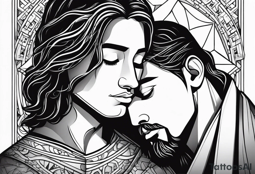 A boy laying his head on jesus’ shoulder tattoo idea