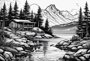 Backpacking fishing Wildlife theme and background with a Christian cross tattoo idea