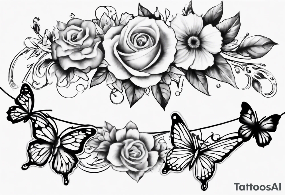 Ankle bracelet tattoo with flowers and butterflies and larger in the centre tattoo idea