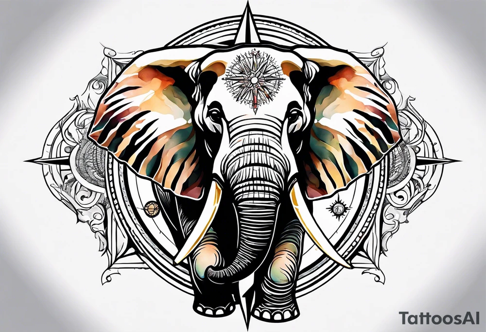 Feminine compass, elephant holding it tattoo idea