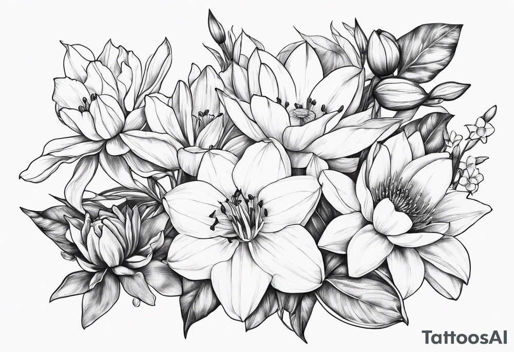 Dainty Bouquet daffodils water lilies and morning glories tattoo idea