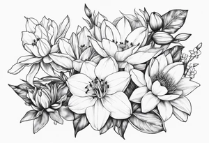 Dainty Bouquet daffodils water lilies and morning glories tattoo idea