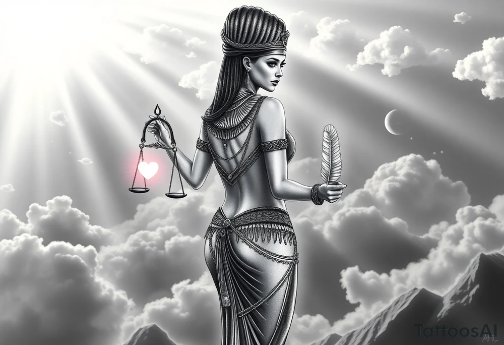 A sensual, curvaceous Egyptian goddess stands with her back slightly turned, accentuating her figure. She wears an elaborate ostrich feather headdress and ornate, intricate ancient Egyptian jewelry draped across her body. Her expression is mysterious and confident. In one hand, she holds the Scales of Justice: one side holds a radiant, glowing heart; the other, Ma’at’s feather. The scales themselves shimmer with an otherworldly light.
The background is a surreal, heavenly landscape filled with luminous clouds and beams of divine light piercing through, creating dramatic contrasts of deep shadows and highlights. The entire scene is bathed in an ethereal, mystical glow, with a dreamlike, almost supernatural atmosphere. tattoo idea