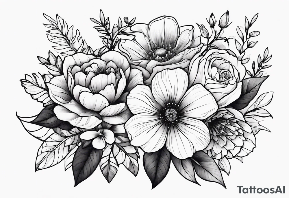 Flower bouquet with 5 flowers tattoo idea